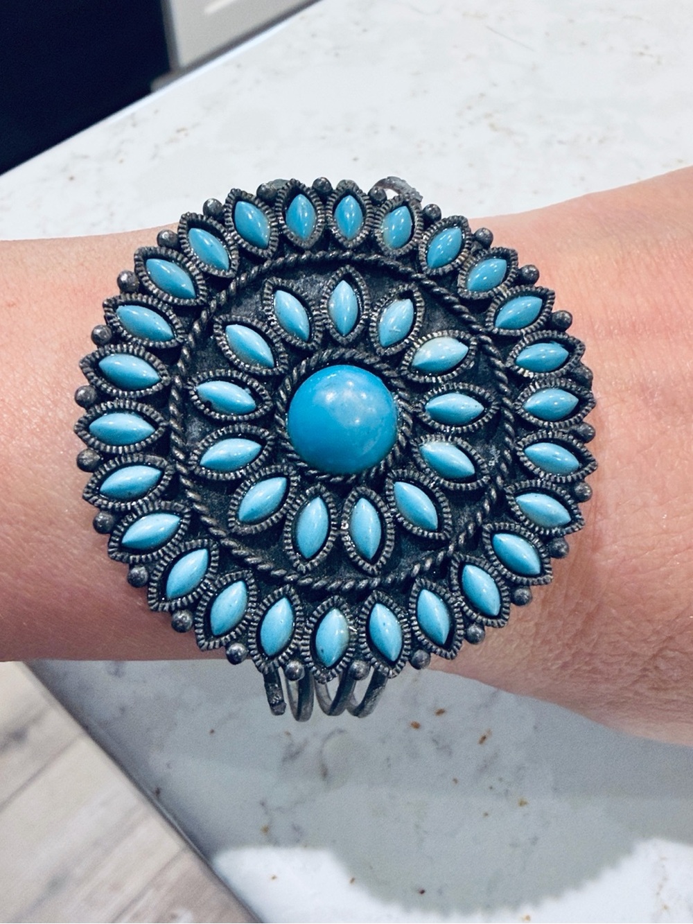 Vintage Avon Faux Turquoise Cuff Bracelet Southwestern Silvertone Rosetta Signed
